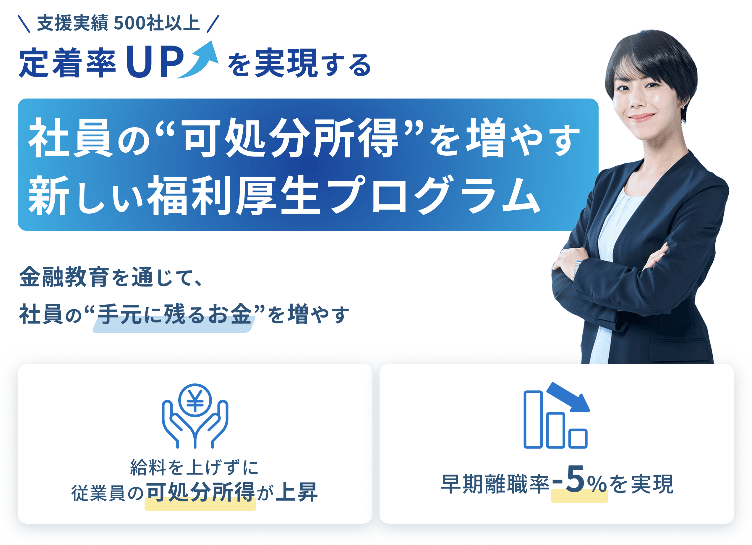 支援実績500社以上 定着率アップを実現する 社員の可処分所得を増やす新しい福利厚生プログラム 金融教育を通じて、社員の手元に残るお金を増やす